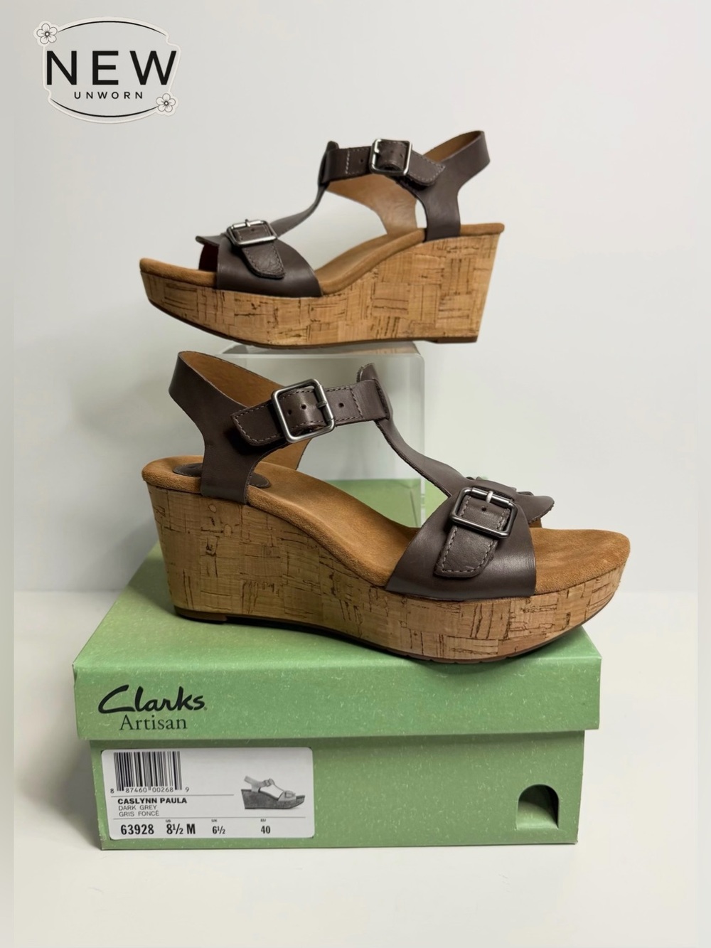 NEW Clarks CASLYNN PAULA Dark Grey Wedge Sandal. Size 8.5M in Original Box.